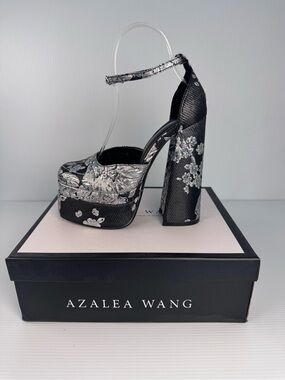 Azalea Wang Zipporah Black Platform Heels | Silver Floral Brocade | Sz 6-9 NIB